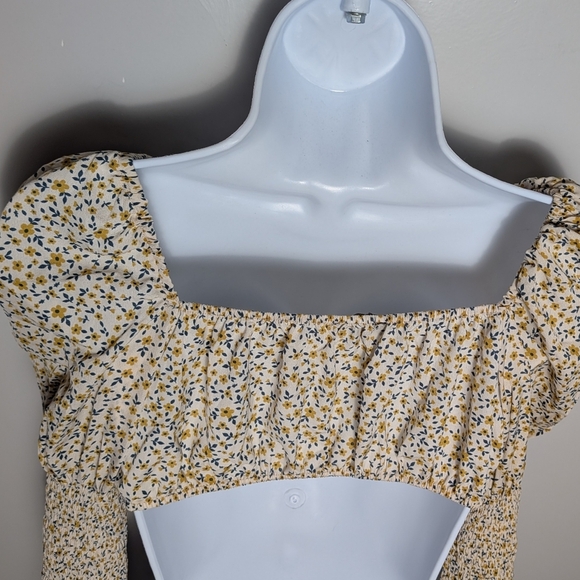 Love Tree Floral Puff Long Sleeve Tie Front Crop Top Ivory Yellow Cottagecore - Picture 6 of 11